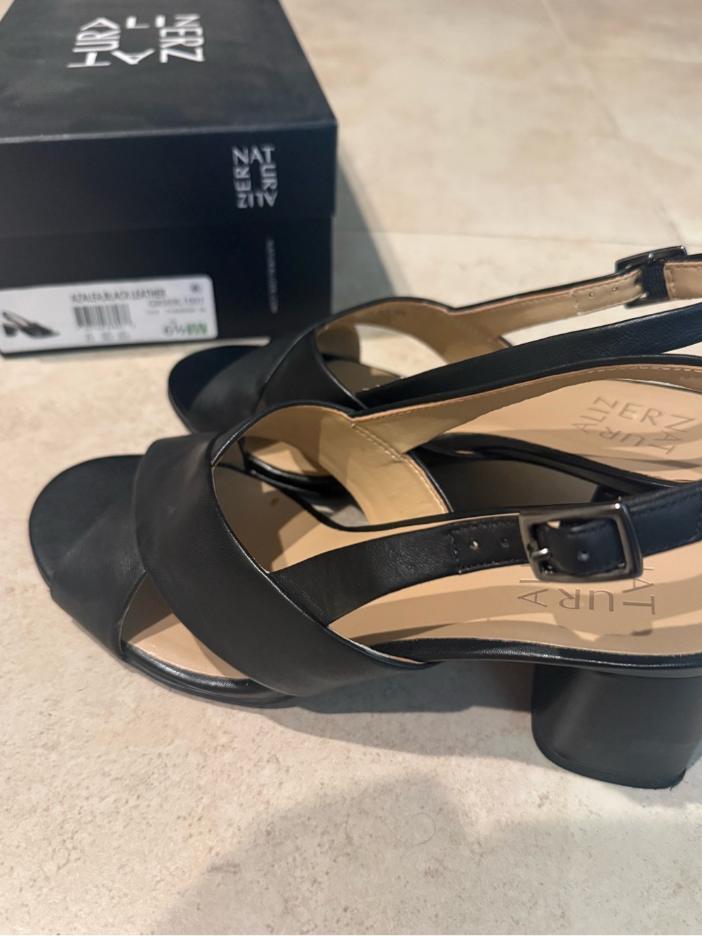 Black Leather Slingback Block Heel Sandals